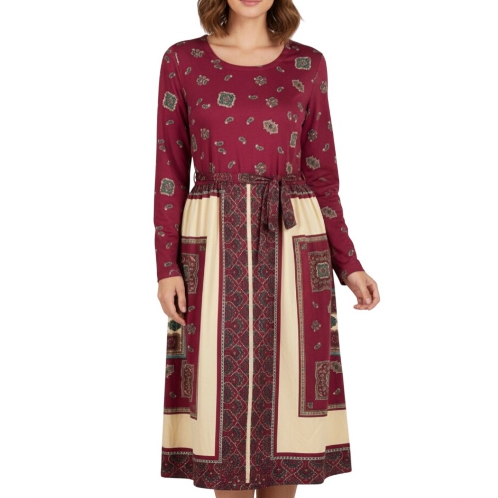 VTG Lady Carol Shirt Dress SOFT POLY KNIT Maroon Cream Paisley w/Belt 10 - M